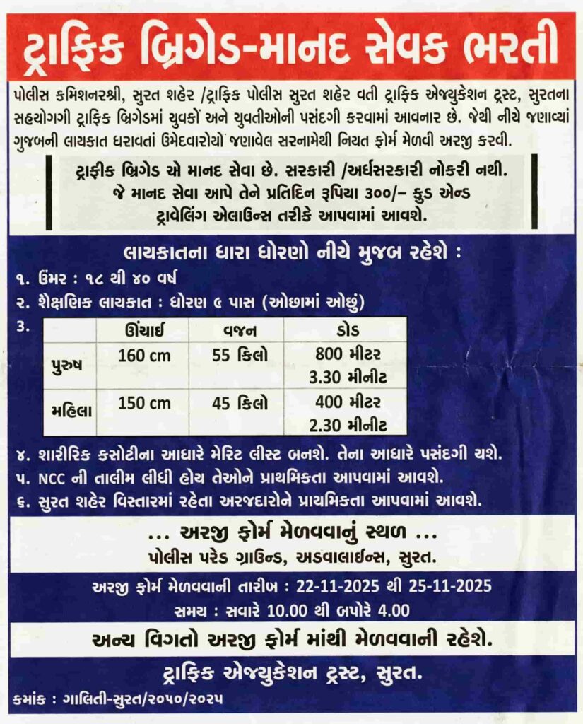 ટ્રાફિક પોલીસ , ટ્રાફિક બ્રિગેડ, ટ્રાફિક પોલીસ ભરતી , ટ્રાફિક બ્રિગેડ ભરતી